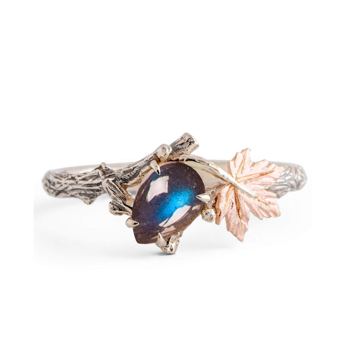 Pear Labradorite Maple Leaf Engagement Ring Rose Gold