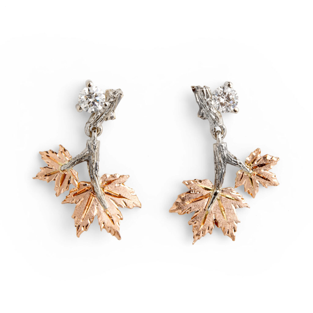 Twig and Rose gold Maple Leaves Diamond Earrings