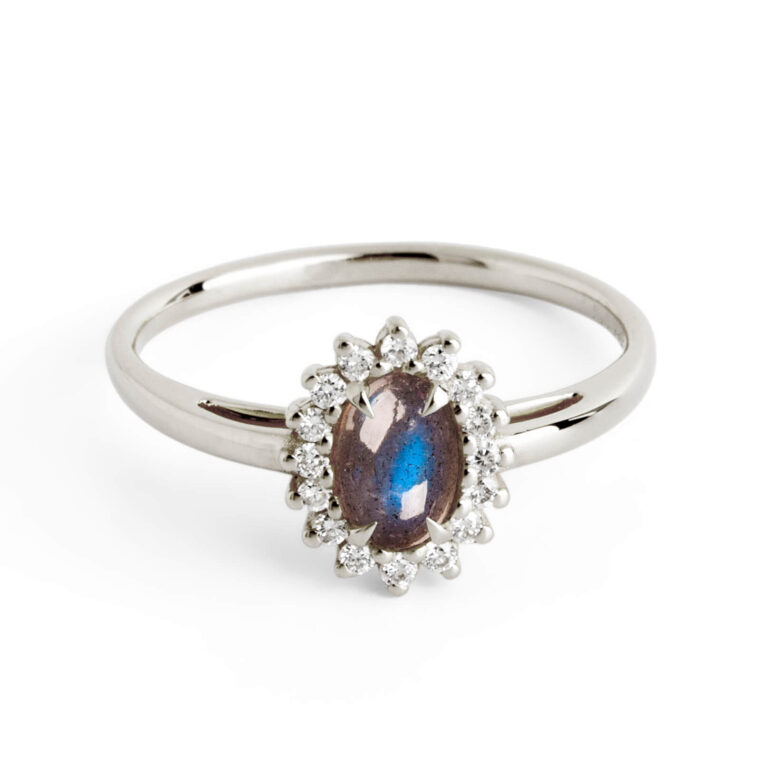 Labradorite and Diamonds Halo Engagement Ring