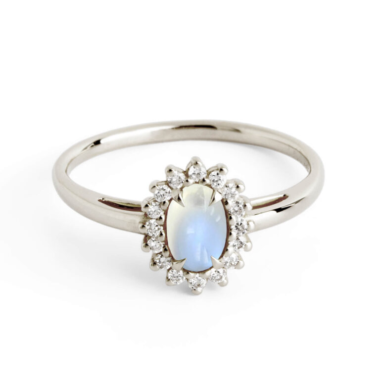 Moonstone and Diamonds Halo Engagement Ring