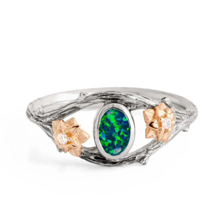 Black Opal Twig and Flowers Ring