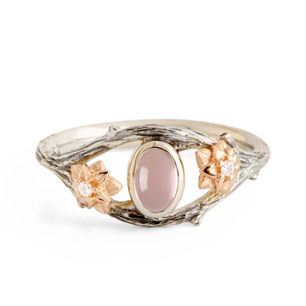 Rose Quartz Twig and Flowers Ring