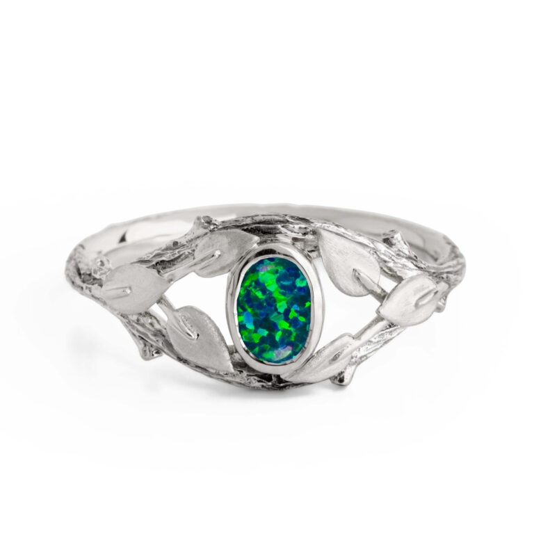 Black Opal Twig and Leaves Engagement Ring