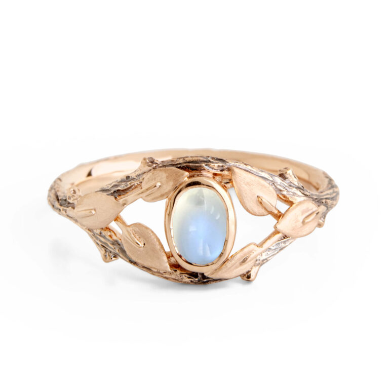 Oval Moonstone Twig and Leaves Engagement Ring