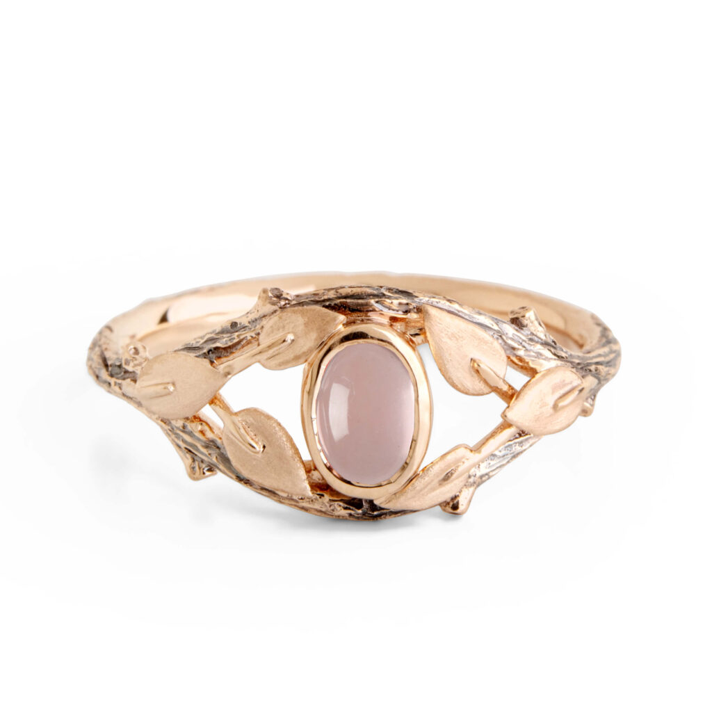 Oval Rose Quartz Twig and Leaves Engagement Ring
