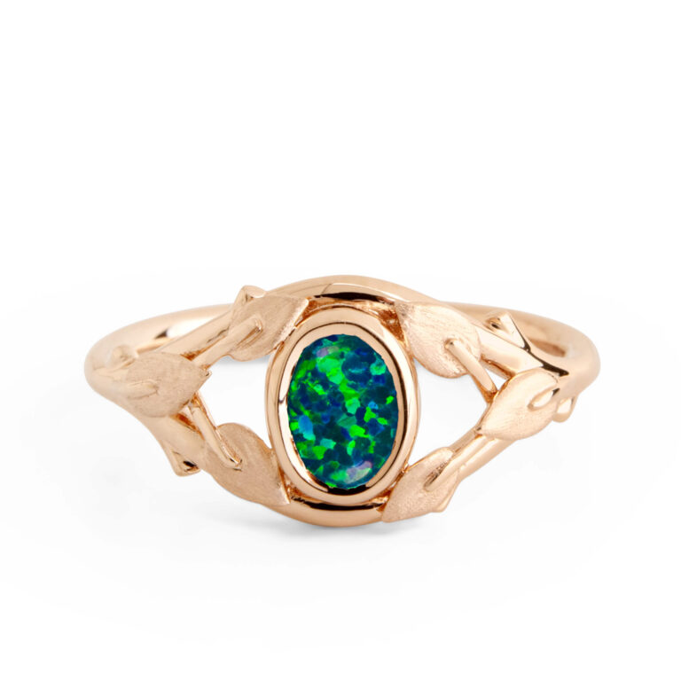 Oval Black Opal Twig and Leaves Engagement Ring