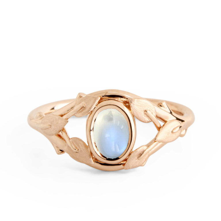 Oval Moonstone Twig and Leaves Engagement Ring