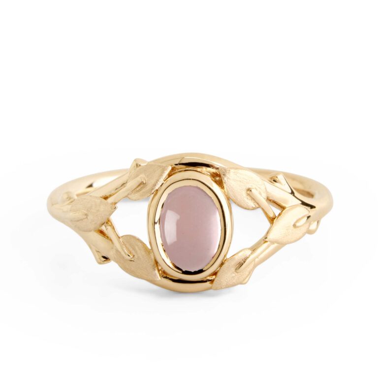 Oval Rose Quartz Twig and Leaves Engagement Ring