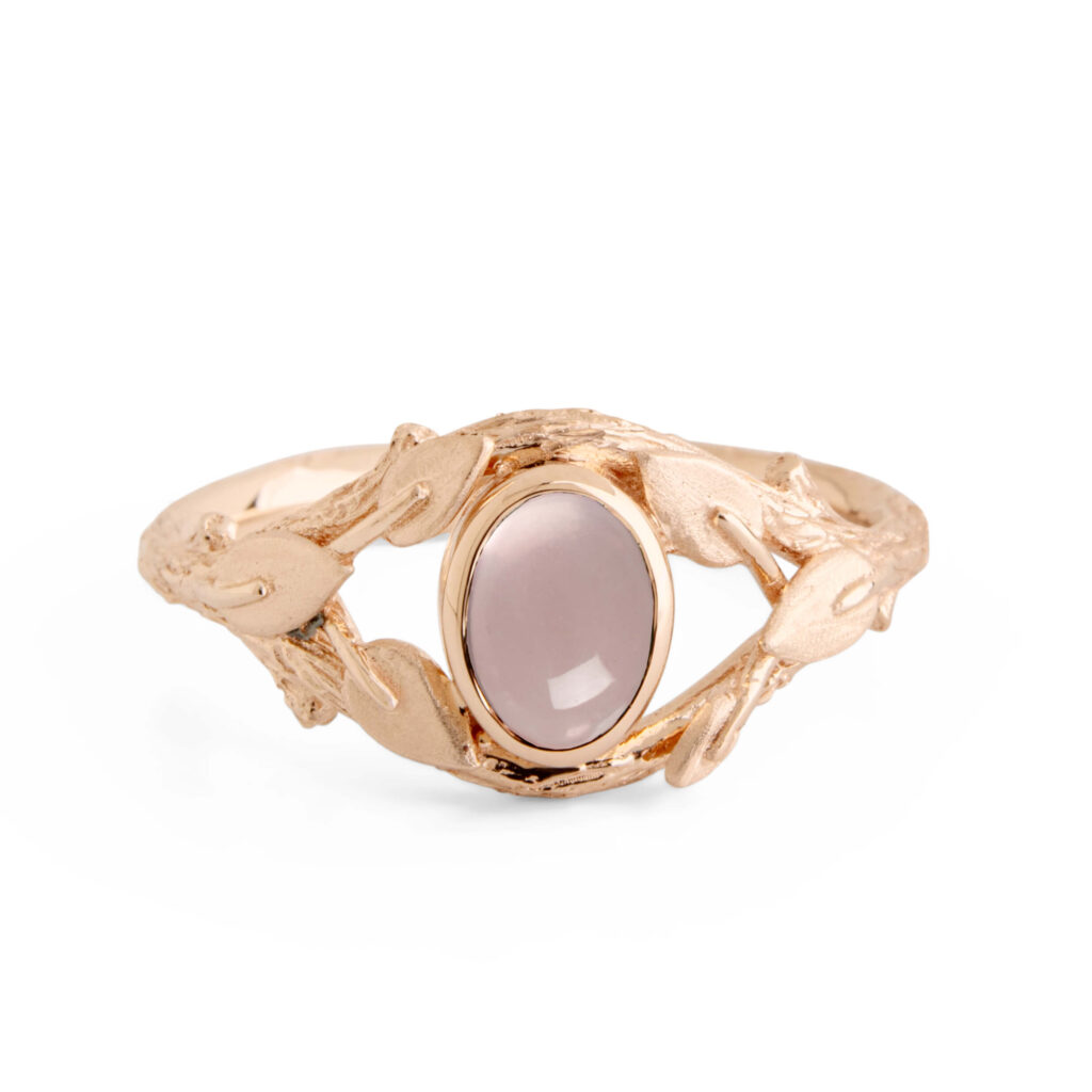 Oval Rose Quartz Twig and Leaves Engagement Ring