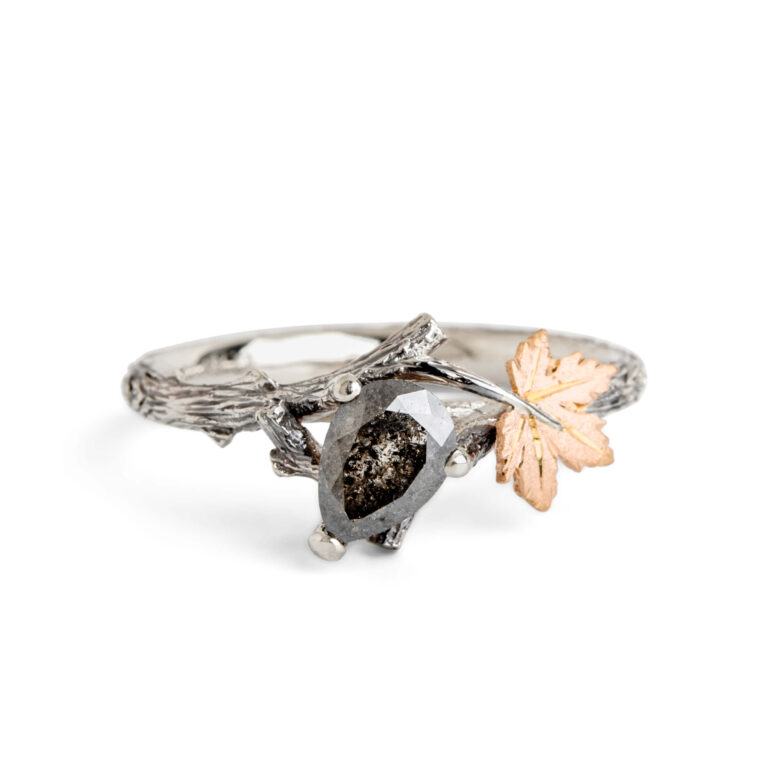 Salt & Pepper Diamond Maple Leaf Rustic Engagement Ring