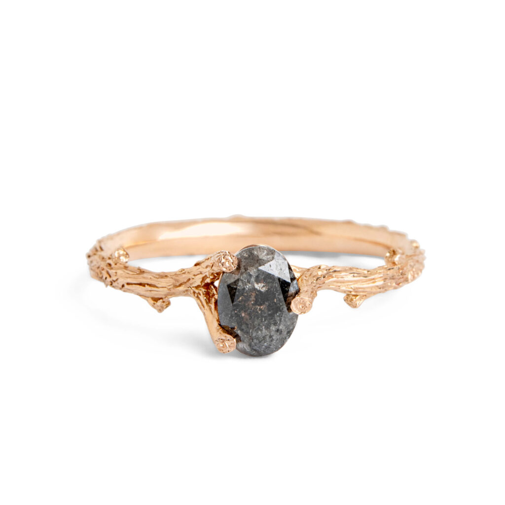 Salt & Pepper Oval Diamond Rustic Twig Engagement Ring