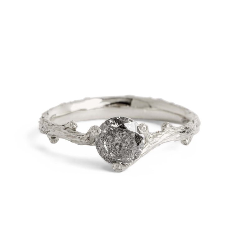 Salt & Pepper Round Diamond Rustic Twig Engagement Ring