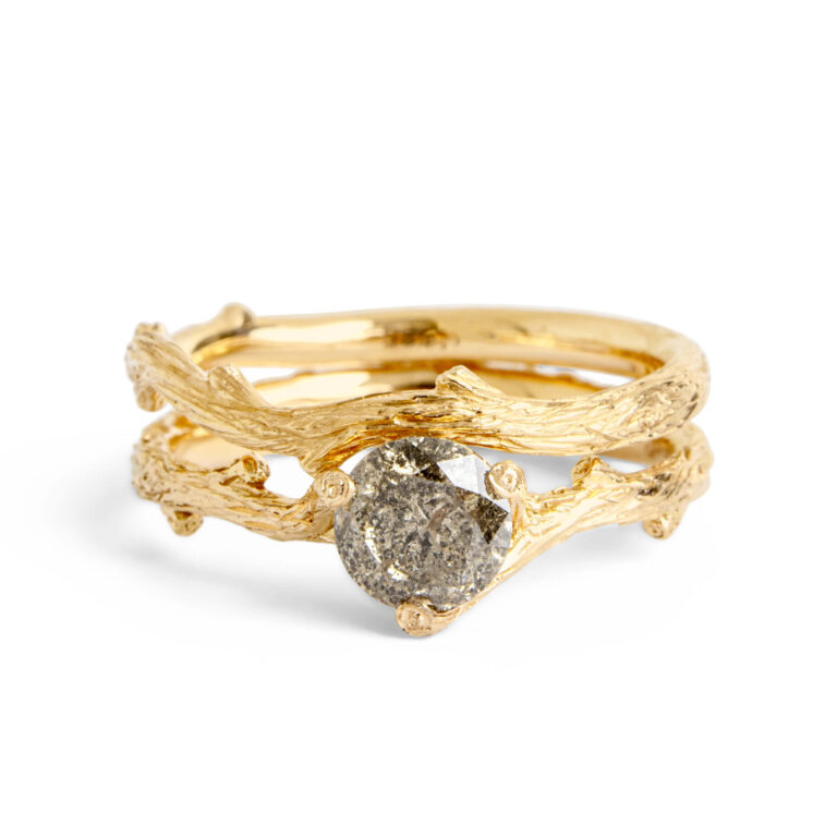 Salt & Pepper Round Diamond Rustic Twig Bridal Set