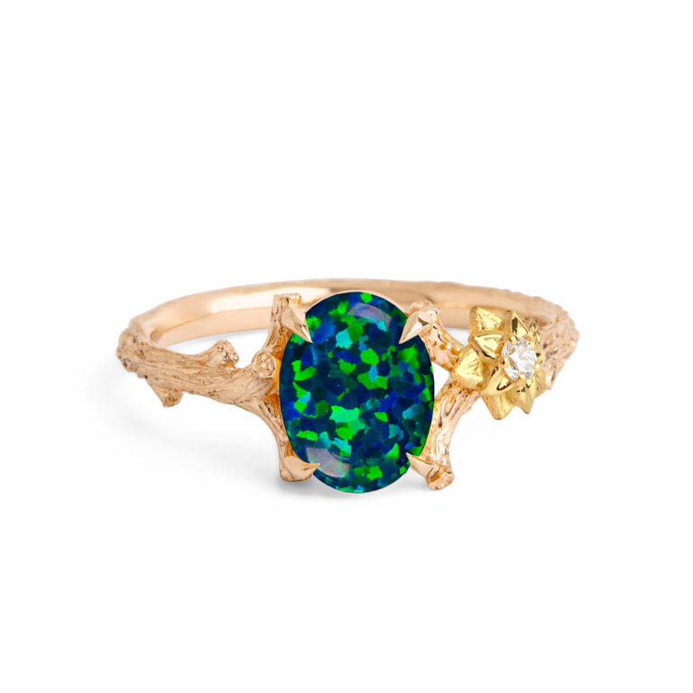 Large Oval Black Opal Twig and Flower Ring