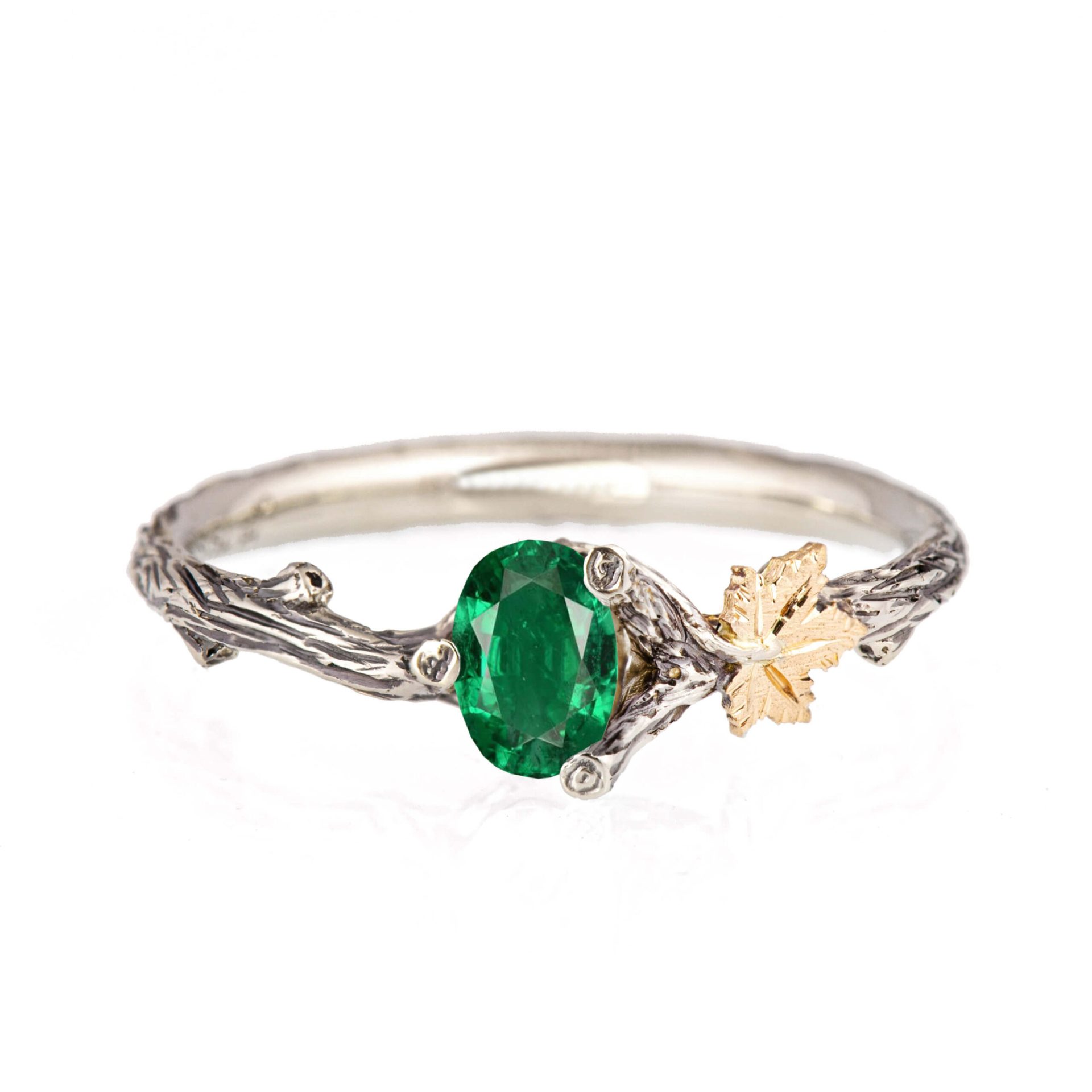 Oval Emerald Twig and Maple Engagement Ring