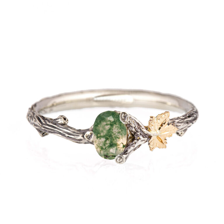 Oval Moss Agate Twig and Maple Engagement Ring