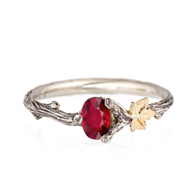 Oval Ruby Twig and Maple Engagement Ring
